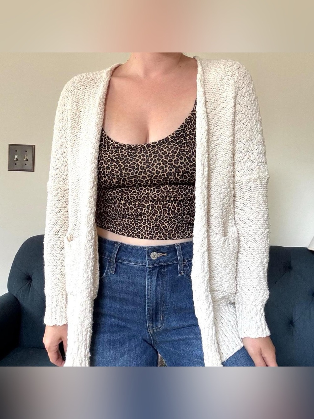 Debut white knit open front cardigan with pockets